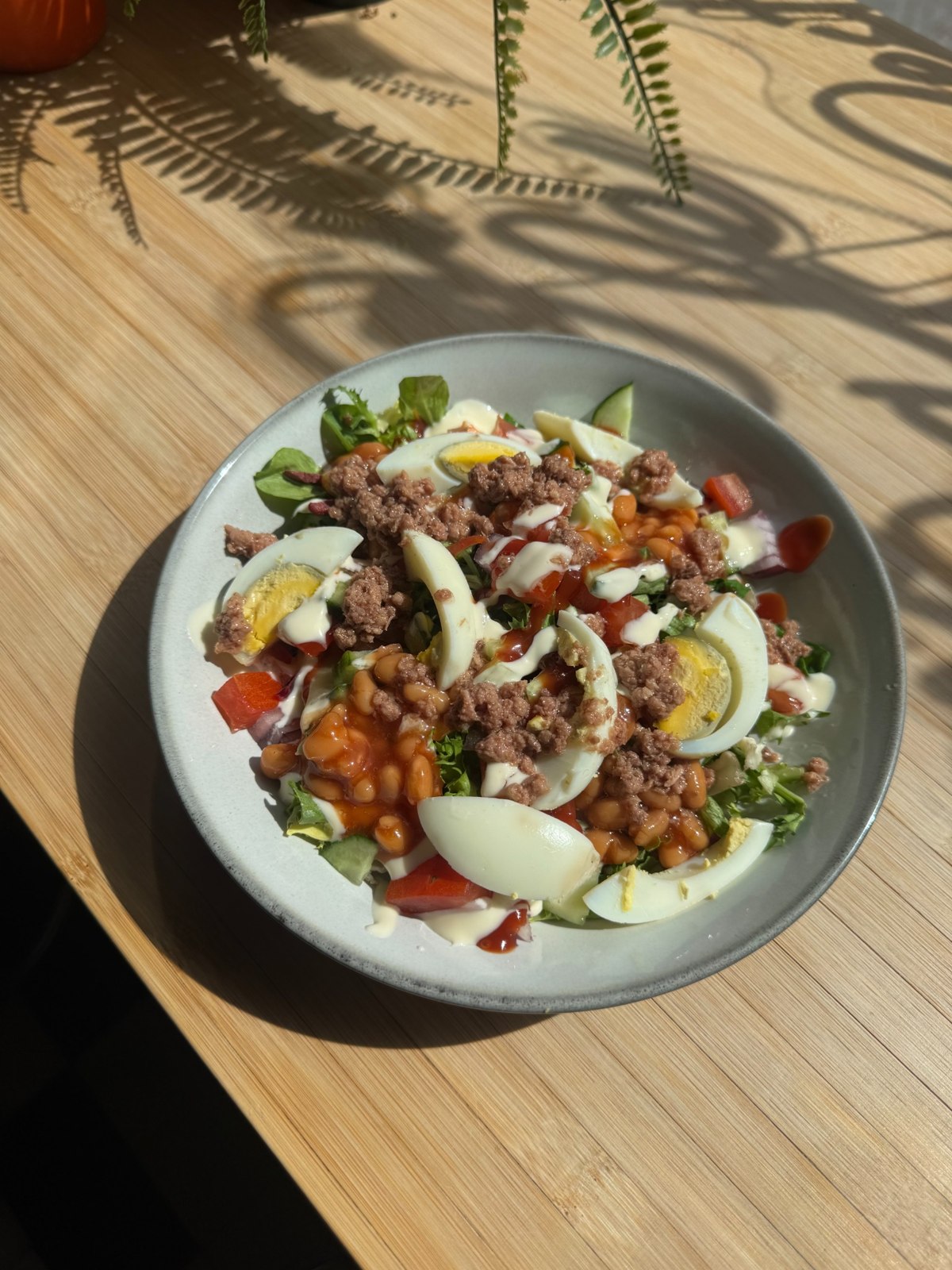 Mixed salad topped with tuna, sliced boiled eggs and dressing
